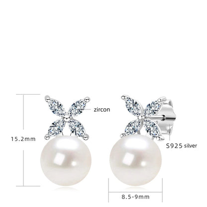 Fashionable freshwater pearl earrings s925 pure silver round strong light bulb earrings